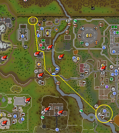 Route from the Champions' Guild to Oziach's house northqest of Edgeville.