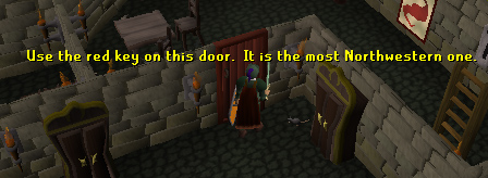The red key will unlock red doors - go through the northwest-most door.